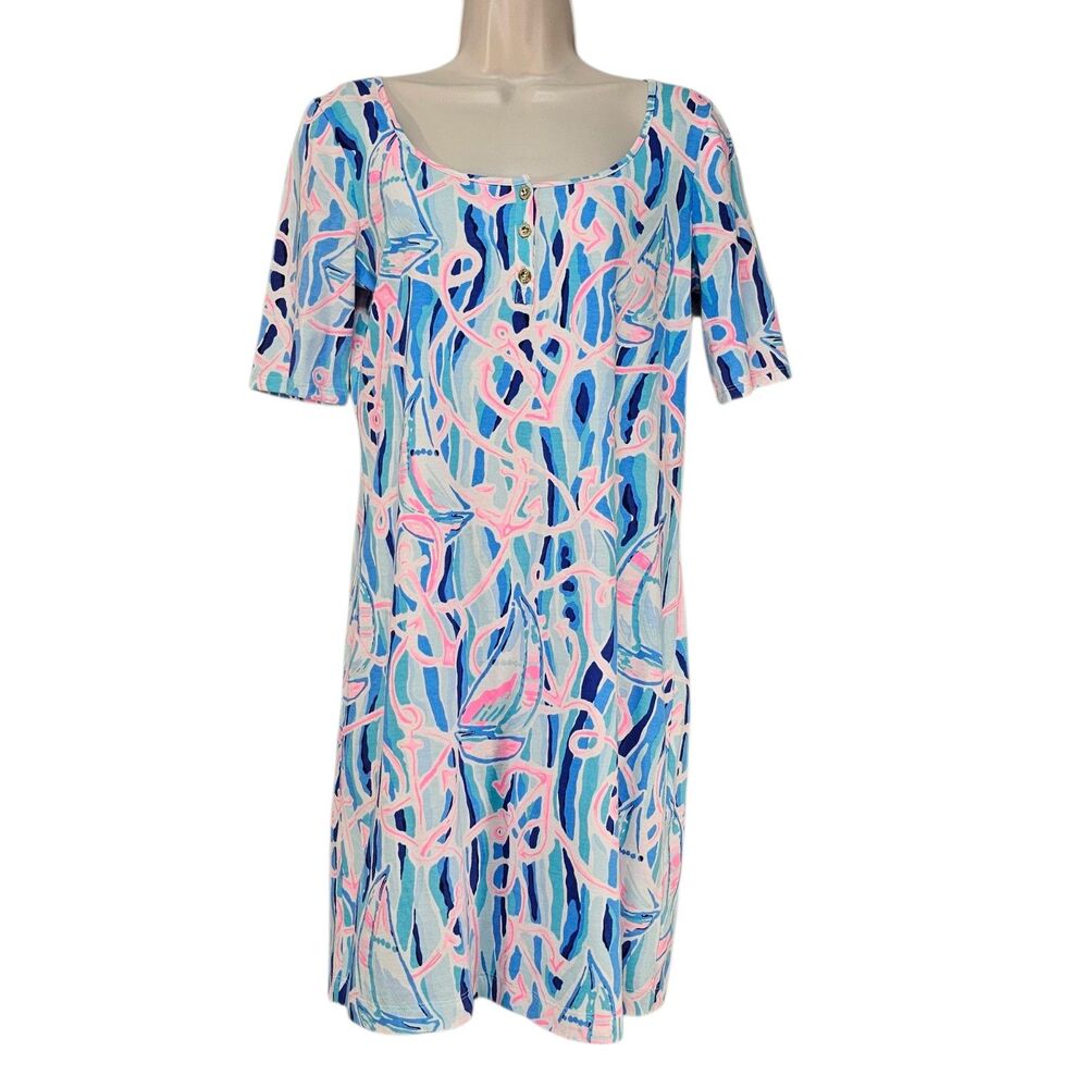 Lilly Pulitzer Gavyn Dress Skim Blue Reel Nauti Cotton Mini Short Sleeve Size S